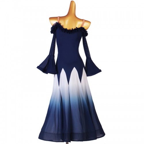 Navy blue white gradient colored ballroom dance dresses for women girls dew shoulder long flare sleeves competition professional waltz tango foxtrot dance long dress for woman